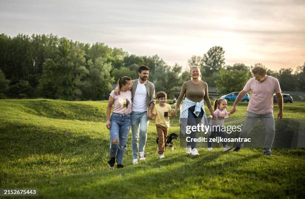 a multigenerational family is camping in a park by the river - riverbank stock pictures, royalty-free photos & images