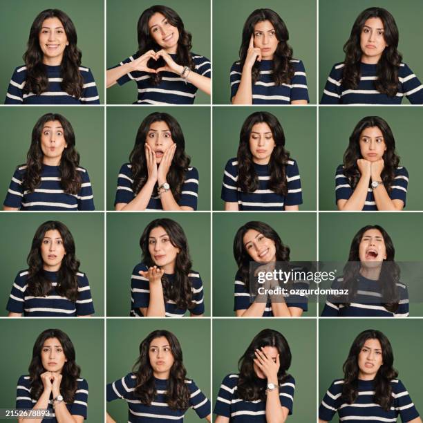 mujer joven haciendo diferentes expresiones faciales, foto de estudio - imagen múltiple fotografías e imágenes de stock