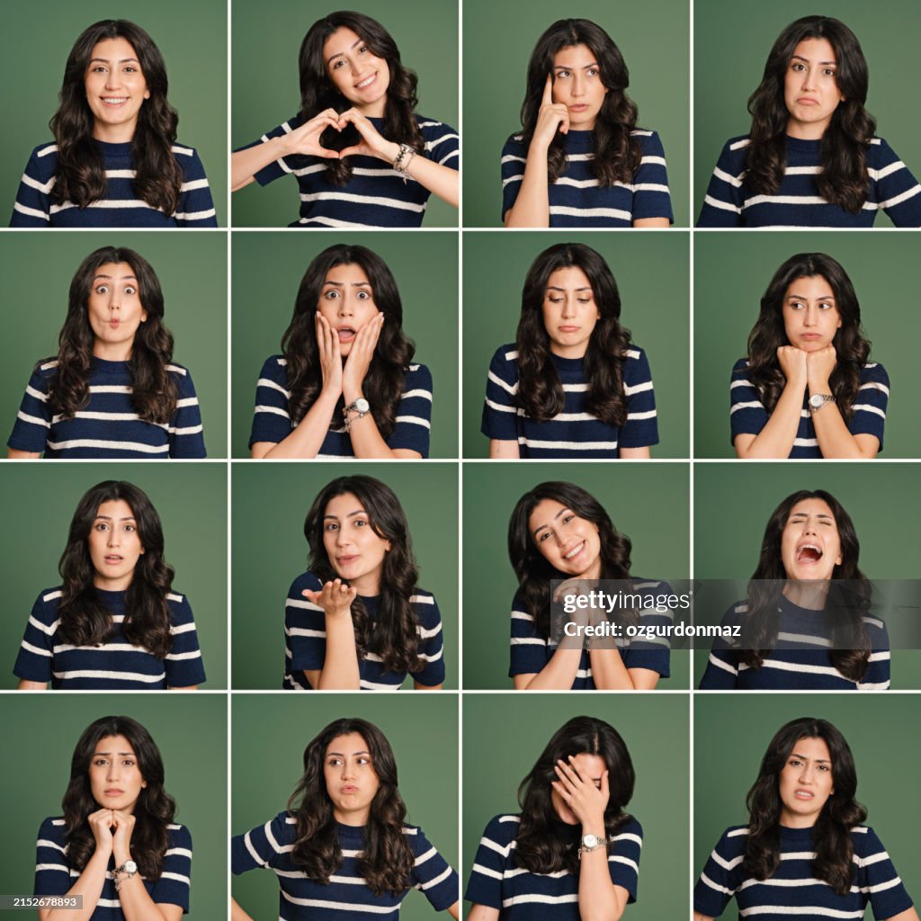 Young woman making different facial expressions, studio shot