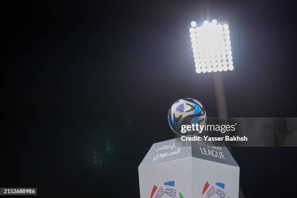 The Saudi Pro League ball is seen on stand prior the Saudi Pro League match between Al Wehda and Al-Raed at King Abdul Aziz Stadium on May 16, 2024...