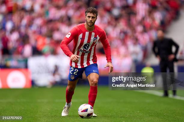 Mario Hermoso of Atletico de Madrid runs with the ball during the LaLiga EA Sports match between Atletico Madrid and Celta Vigo at Civitas...