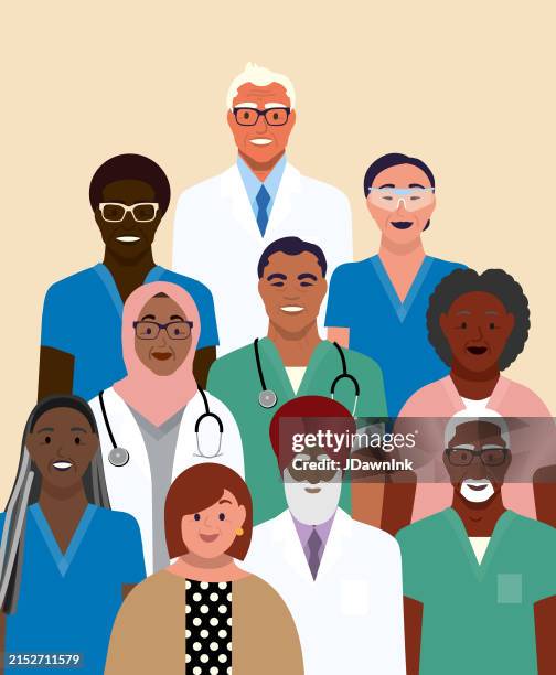 illustrazioni stock, clip art, cartoni animati e icone di tendenza di folla di diversi professionisti del team medico, medici e infermieri, uomini e donne, colori vivaci - multiculturalismo