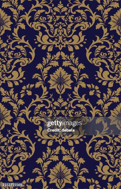 gold und dunkelblau viktorianischer damast luxus dekoratives stoffmuster - barock stock-grafiken, -clipart, -cartoons und -symbole