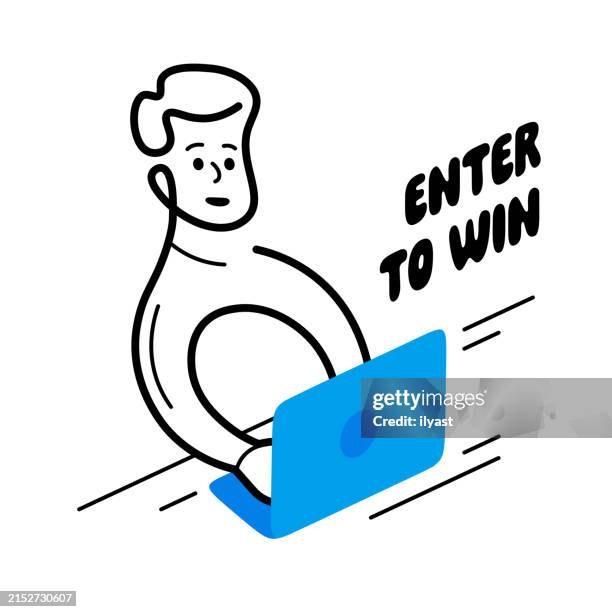 continuous editable line character with laptop next to enter to win text - lottery drawing stock illustrations