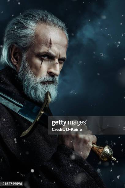 warrior with sword in snowy scene - fantasy battle stock pictures, royalty-free photos & images