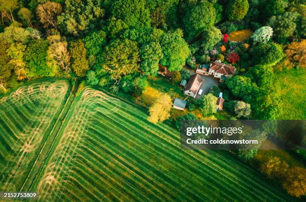 aerial view of houses in rural area of southeast england - drone point of view stock pictures, royalty-free photos & images