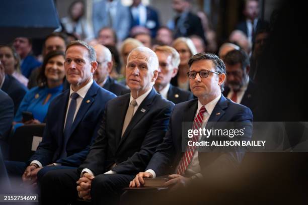 Sen. Ted Budd , Sen. Thom Tillis , and House Speaker Mike Johnson , participate in a ceremony unveiling a statue of evangelist Rev. William Franklin...