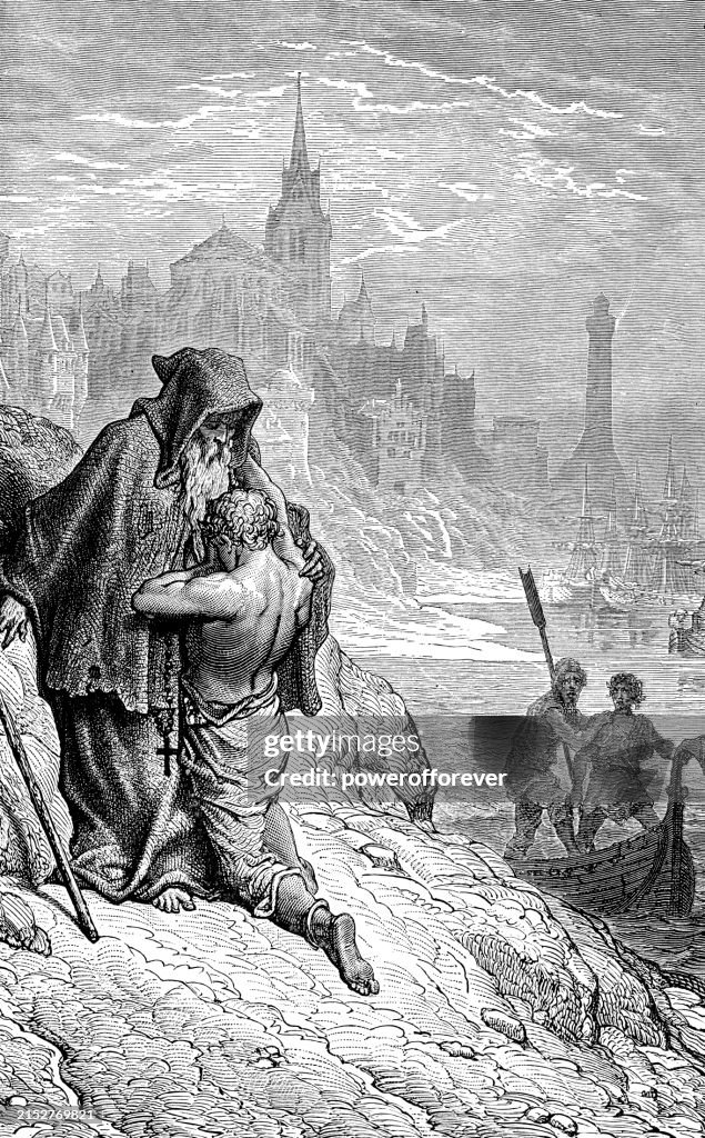 Mariner Seeks Confession from the Hermit, a Scene from ''The Rime of the Ancient Mariner'' by Gustave Dore - 19th Century