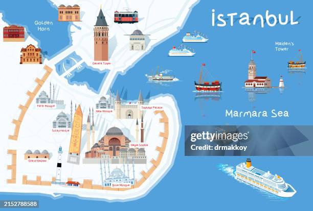 map of istanbul and historical sites - grand bazaar stock illustrations