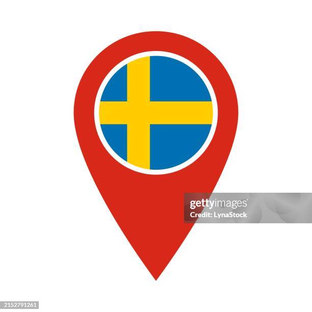 pinpoint vector icon with sweden national flag isolated on white background. map pointer symbol for website, gps navigator, apps. illustration in flat design. location marker. geolocation mark on the map. - all european flags stock illustrations