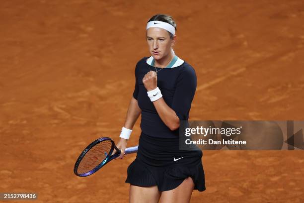 Victoria Azarenka of Belarus celebrates a point against Maria Sakkari of Greece during the Women's Singles Round of 16 match on Day Eight of...