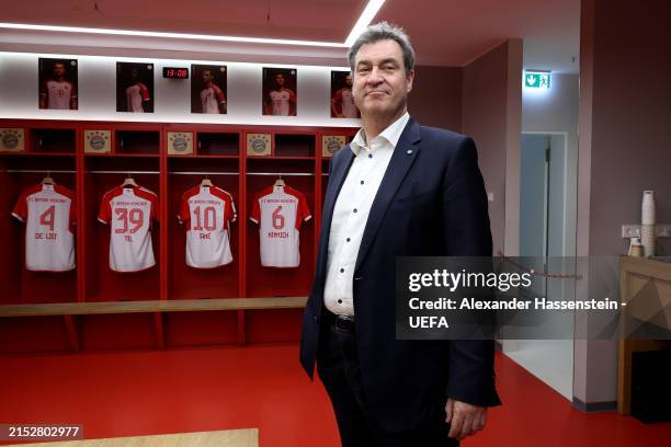 Markus Soeder, Prime Minister of Bavaria poses in the FC Bayern München dressing room at Allianz Arena during the UEFA Euro 2024 Trophy Tour on May...