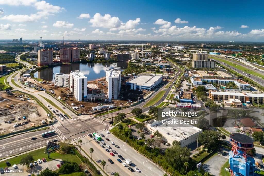 Aerial View Of Florida Center In Orlando With Lake