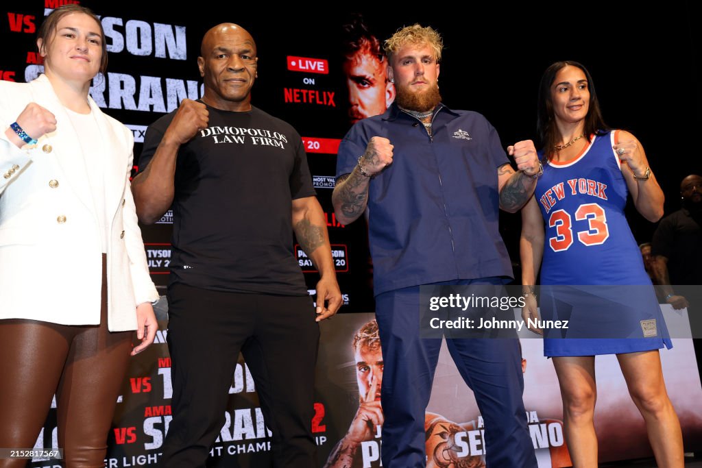 Katie Taylor, Mike Tyson, Jake Paul, and Amanda Serrano attend the