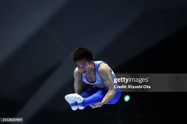 Ryosuke Doi competes in the Men's Parallel Bars on day two of the Artistic Gymnastics NHK Trophy at Takasaki Arena on May 17, 2024 in Takasaki,...