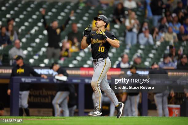 Bryan Reynolds of the Pittsburgh Pirates celebrates a home run against the Milwaukee Brewers during the ninth inning at American Family Field on May...