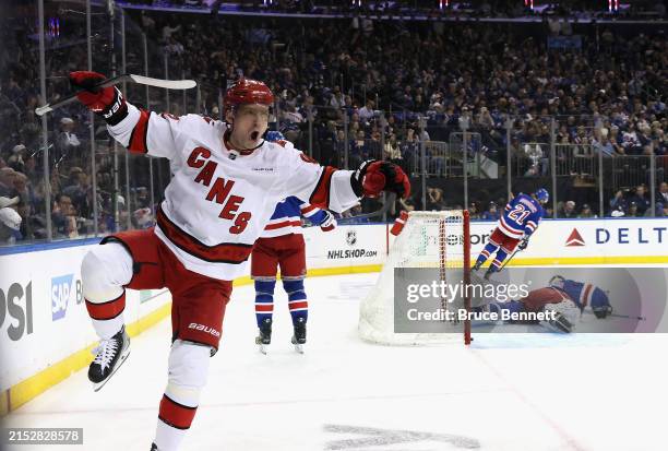 Evgeny Kuznetsov of the Carolina Hurricanes celebrates a goal against Igor Shesterkin of the New York Rangers in Game Five of the Second Round of the...
