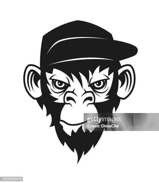 illustrations, cliparts, dessins animés et icônes de tête de singe, de singe ou de gorille dans une casquette - silhouette vectorielle découpée de contour - chimpanzee aggression
