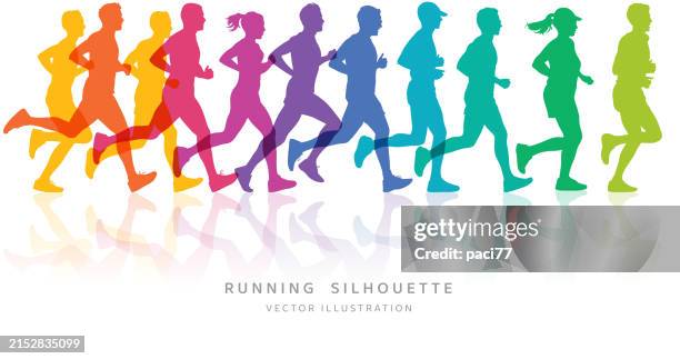 ilustrações de stock, clip art, desenhos animados e ícones de running colorful vector silhouette. - corrida