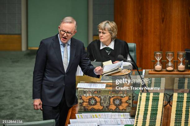 Australia's Prime Minister Anthony Albanese speaks during Question Time at Parliament House on May 14, 2024 in Canberra, Australia. Australia's Labor...