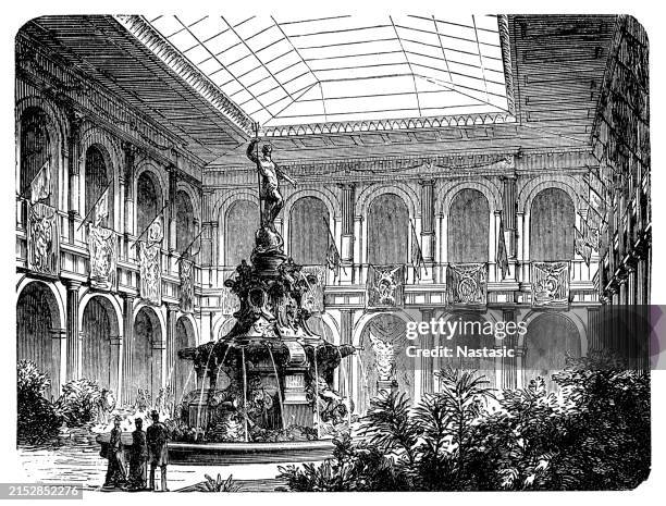 international fisheries exhibition in berlin. the neptune fountain at the large glass courtyard - roman god stock illustrations