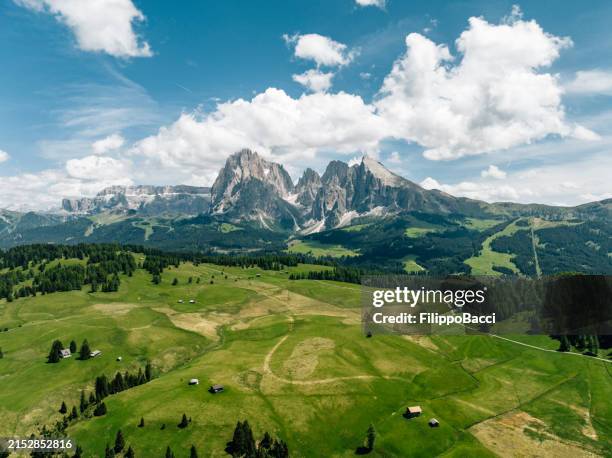 aerial view of alpe di siusi, a famous landmark in italy - langkofel sassolungo foto e immagini stock