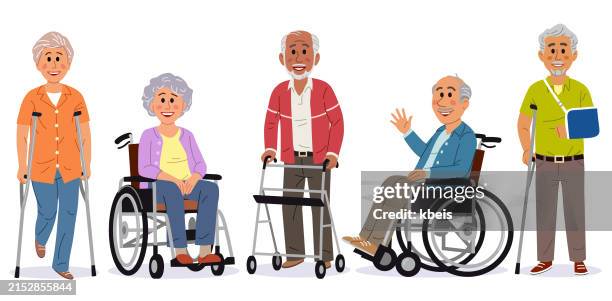 ilustrações de stock, clip art, desenhos animados e ícones de diverse group of senior people with disabilities - cadeira de rodas
