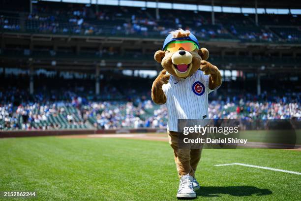 Chicago Cubs mascot Clark stands on the field prior to the game between the Pittsburgh Pirates and the Chicago Cubs at Wrigley Field on Friday, May...