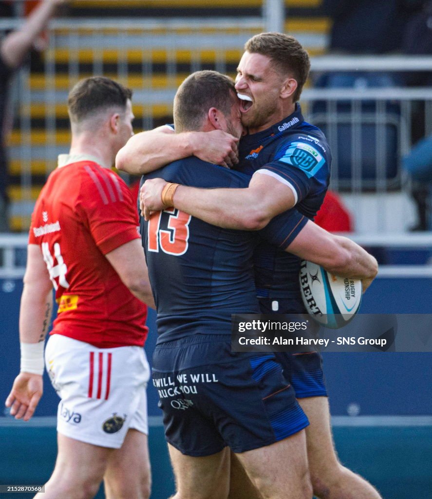 Edinbourgh Rugby Team Edinburgh's Mark Bennett celebrates with James Lang after scoring a ...