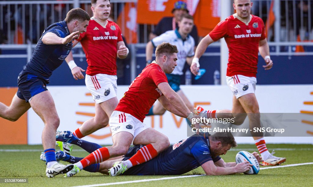 Edinbourgh Rugby Team Edinburgh's Mark Bennett scores a try during a BKT URC match between ...