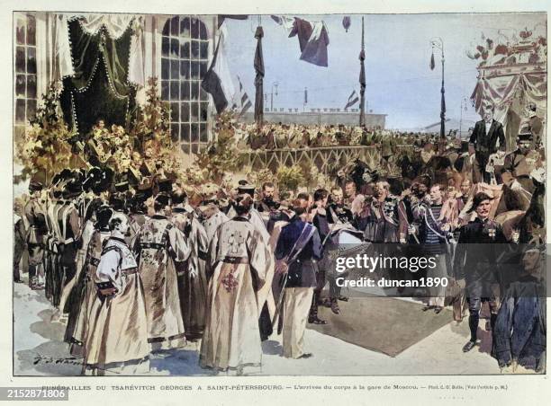 funeral of grand duke george alexandrovich of russia, st petersburg, 1899, 19th century - funeral procession stock illustrations