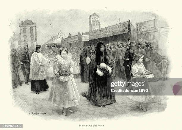 frau als maria magdalena verkleidet, traditionelle prozession, veurne (furnes), belgien, furnes, 19. jahrhundert - maria magdalena stock-grafiken, -clipart, -cartoons und -symbole