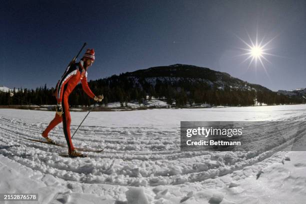 American biathlete Glenn Jobe practicing cross-country skiing for the upcoming Winter Olympics near his home in Kirkwood Meadows, California,...