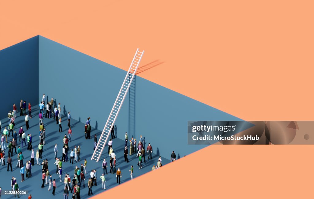 Crowd Of People Standing In A Pit Before A White Ladder