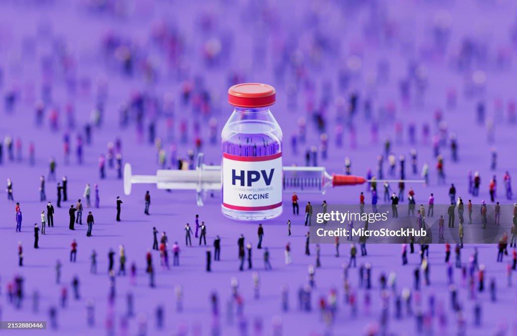 Human Crowd Surrounding An Injectable HPV Vaccine Bottle On Purple Background