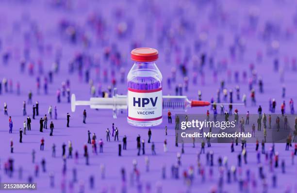 human crowd surrounding an injectable hpv vaccine bottle on purple background - papiloma imagens e fotografias de stock