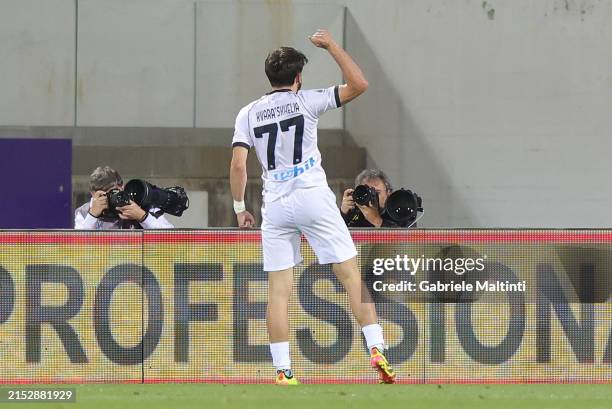 Khvicha Kravatskhelia of SSC Napoli celebrates after scoring a goal during the Serie A TIM match between ACF Fiorentina and SSC Napoli at Stadio...