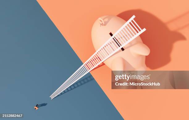person waiting before a white ladder and piggy bank - savings stock pictures, royalty-free photos & images
