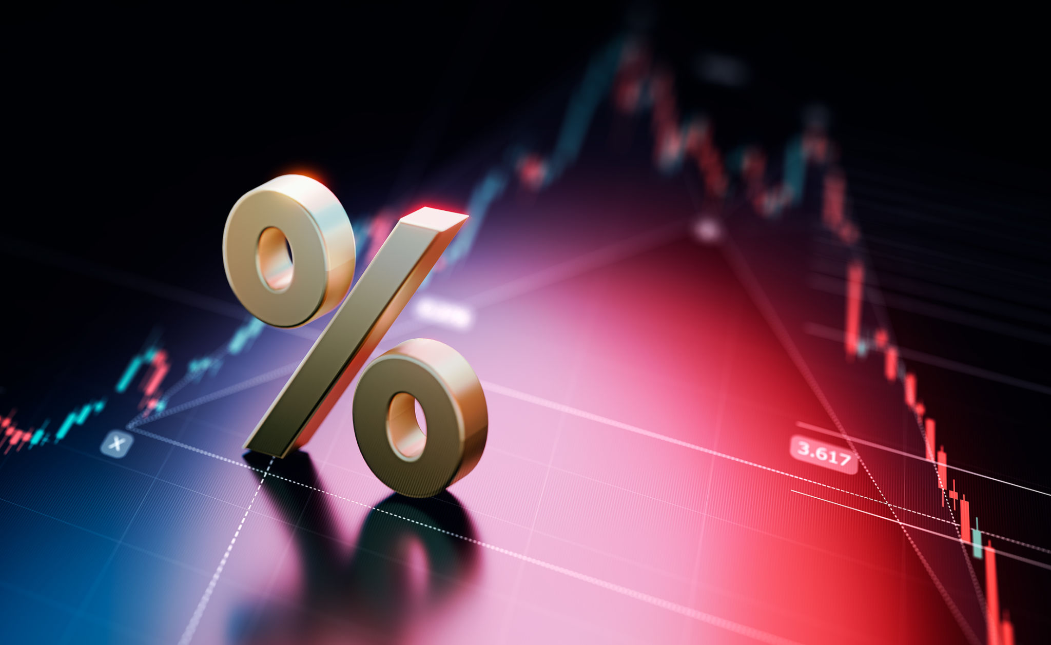 Percentage Sign Over Financial Bar Graph Background Percentage Sign Over Financial Bar Graph Background