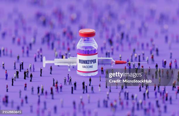 human crowd surrounding an injectable monkey pox vaccine bottle on purple background - pox stock pictures, royalty-free photos & images