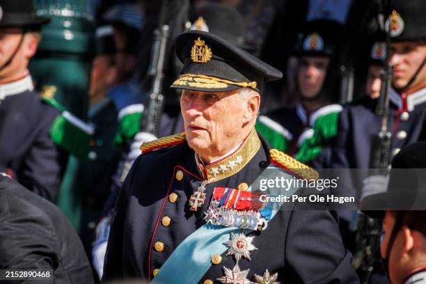 King Harald at the Welcoming Ceremony for the Danish King and Queen at the on May 14, 2024 in Oslo, Norway. King Frederik and Queen Mary of Denmark...