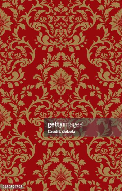 red and gold victorian damask luxury decorative fabric pattern - damask background stock illustrations