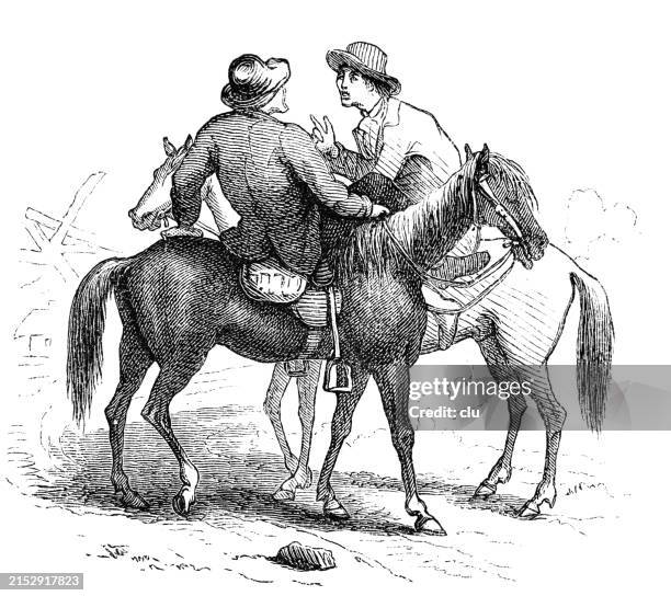ilustraciones, imágenes clip art, dibujos animados e iconos de stock de dos campesinos sentados a caballo que se encuentran en una encrucijada - cotilleo