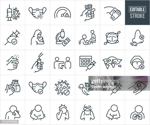 illustrations, cliparts, dessins animés et icônes de icônes de ligne minces d’infection virale - course modifiable - masque respiratoire