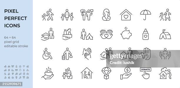 illustrazioni stock, clip art, cartoni animati e icone di tendenza di set di icone rifugiato e volontario. spessore del tratto modificabile. icone perfette per i pixel. - problema-della-casa