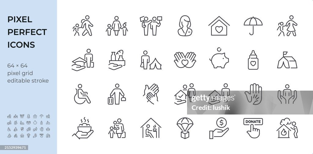 Refugee & Volunteer icon set. Editable stroke weight. Pixel perfect icons.