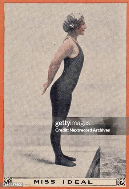 Collectible cigarette card from 1913 series titled Champion Women Swimmers distributed with packs of Pan Handle Scrap Chewing Tobacco, featuring an...