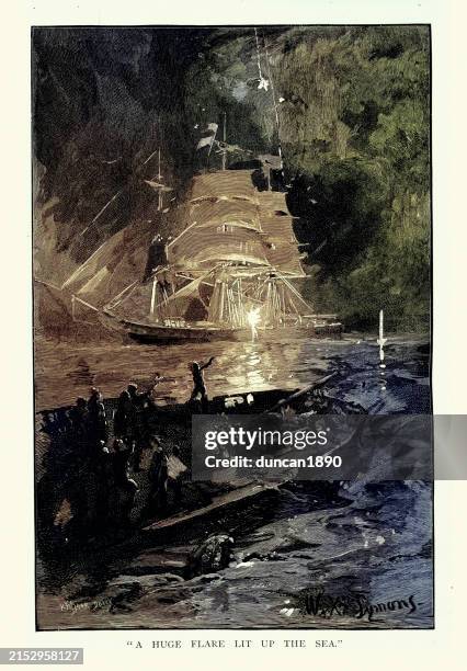 illustrations, cliparts, dessins animés et icônes de histoire maritime, fusée éclairante, sauvetage de marins d’un navire en train de couler la nuit, 19ème siècle - épave