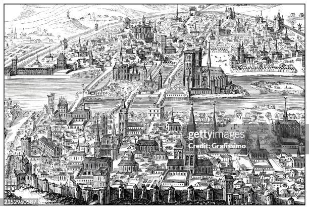 ilustraciones, imágenes clip art, dibujos animados e iconos de stock de vista panorámica de parís en 1607 por léonard gaultier - siglo xvi