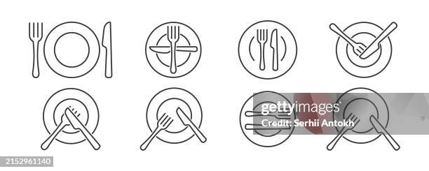 etiquette of cutlery set. plate, fork, knife and spoon. eating rules. vector - fork stock illustrations